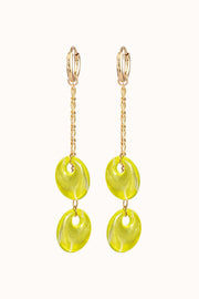 reflective drop earrings in neon yellow and mint with gold-plated hoop and chain