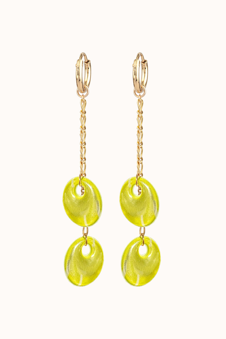 reflective drop earrings in neon yellow and mint with gold-plated hoop and chain