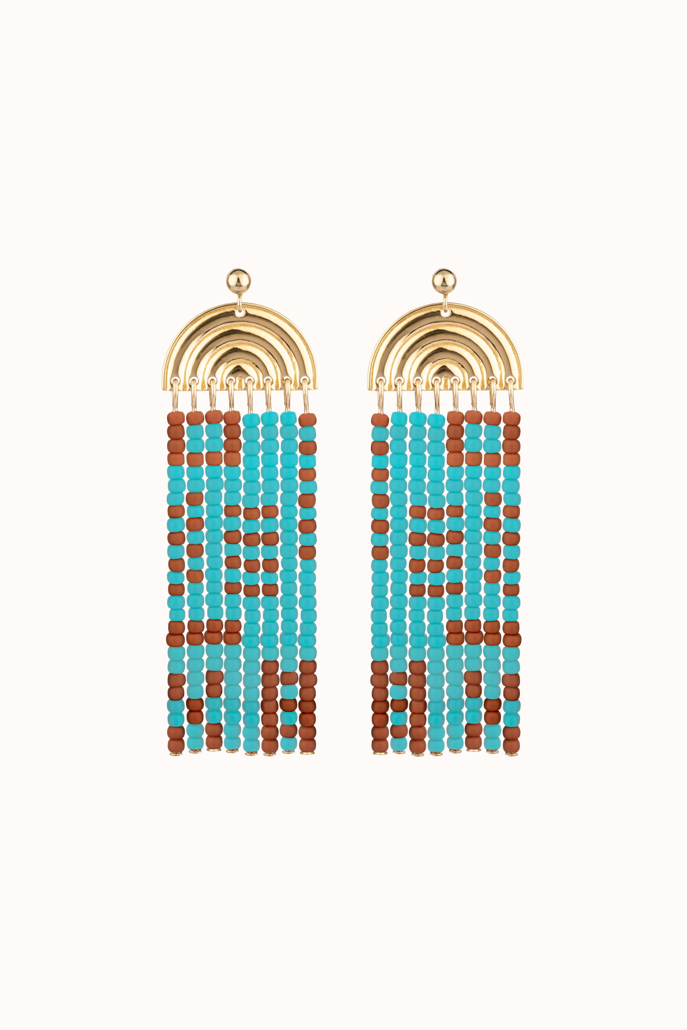 handmade gold-plated statement earrings with turquoise and terracotta Japanese Toho seed bead fringe